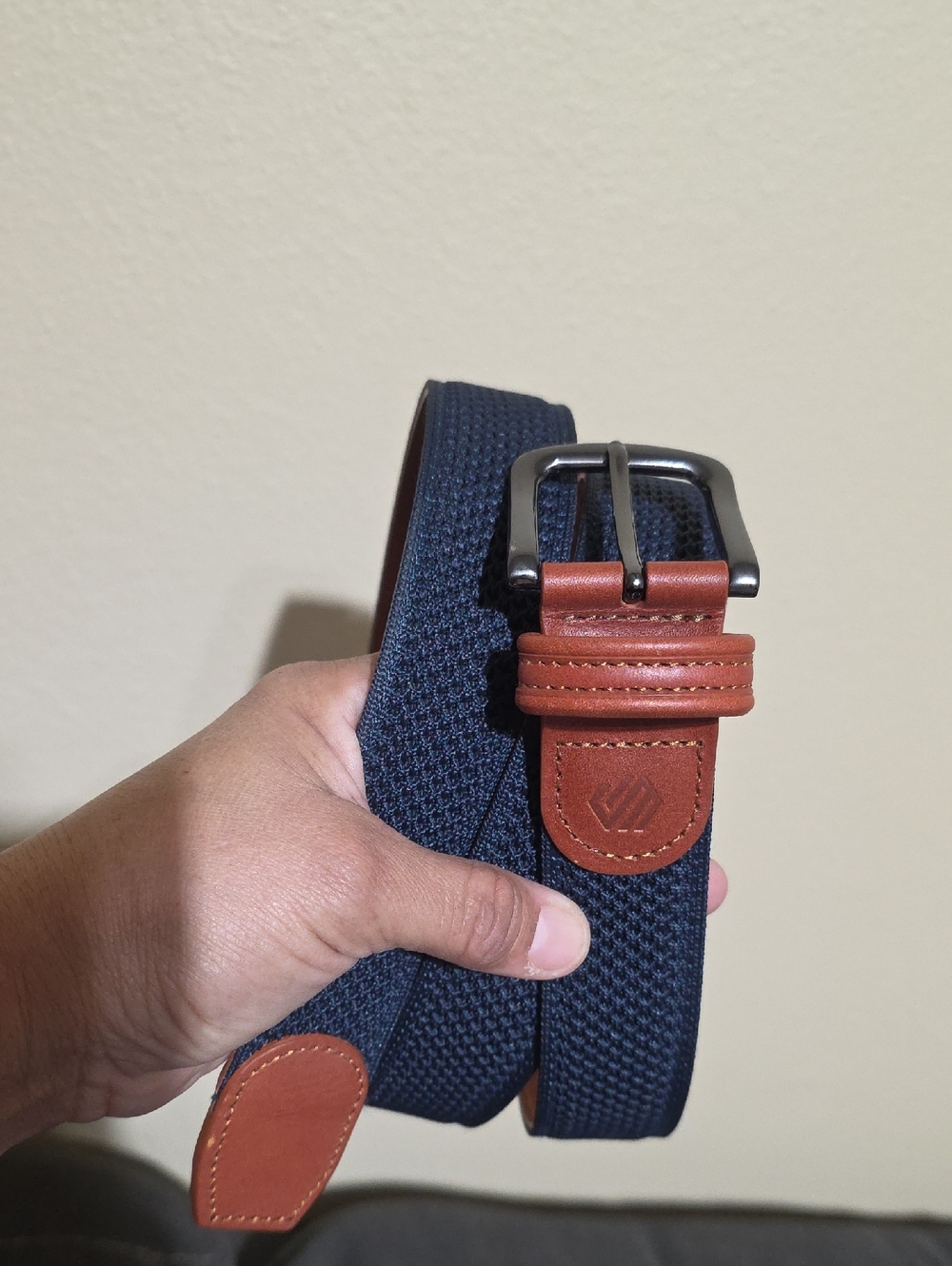 Men's Navy Stretch Woven Belt with Tan Leather Trim